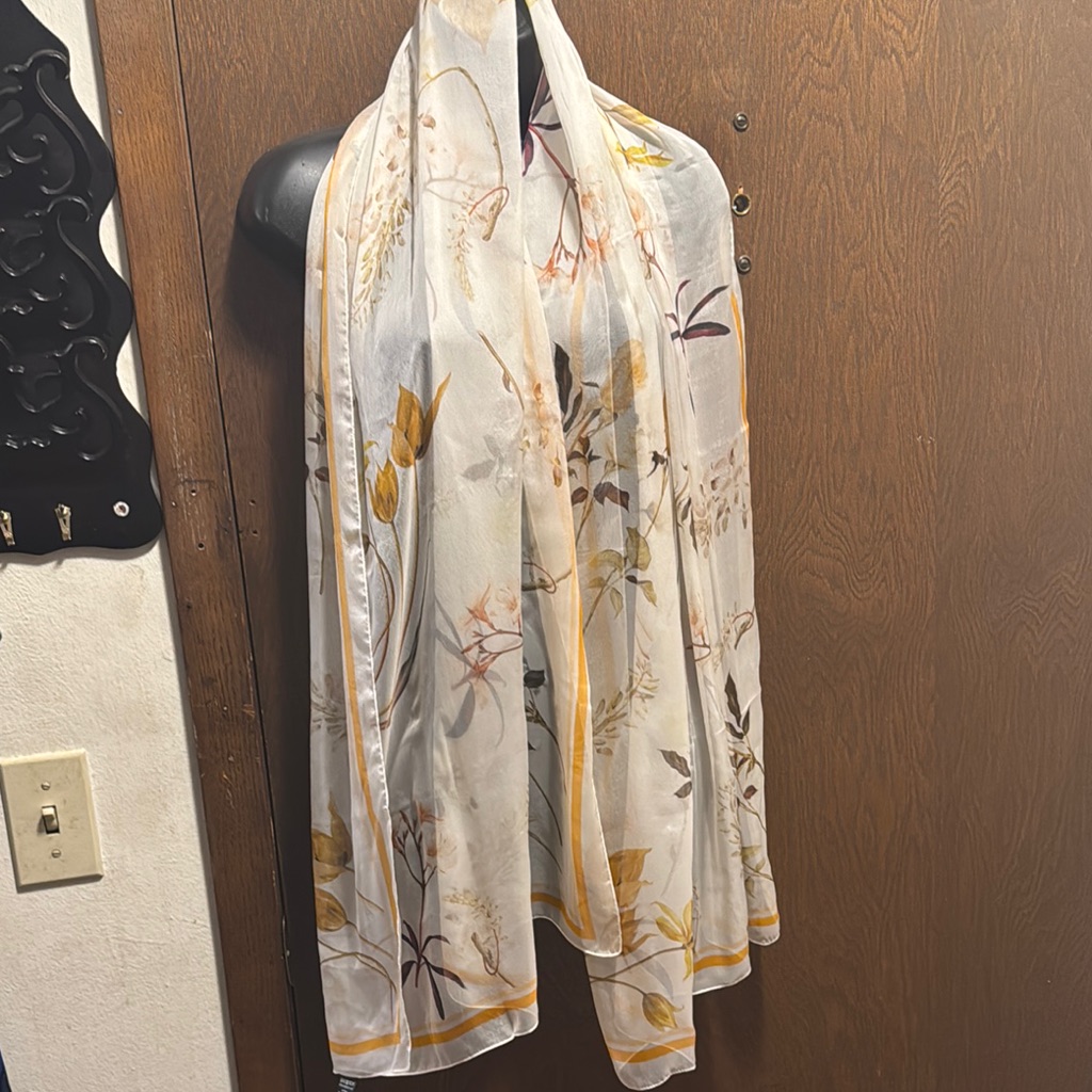 Floral Sheer Scarf  White And Gold 100 Silk